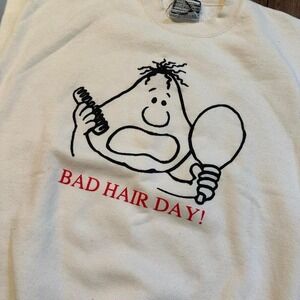 Vintage Bad Hair Day Funny Cartoon Men's Crewneck Sweatshirt‎ Size XL White